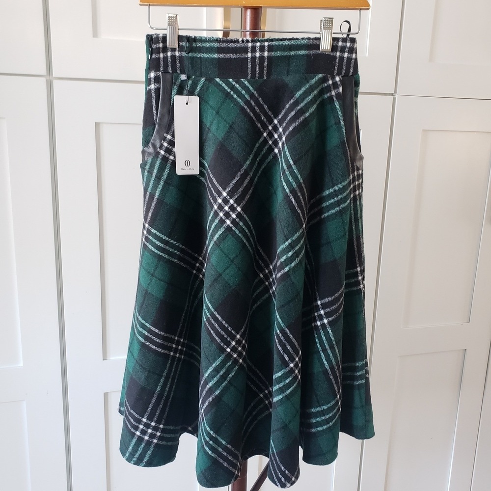 O Plaid Midi Skirt Womens Small Green Wool Blend A Line Prep Dark Academia